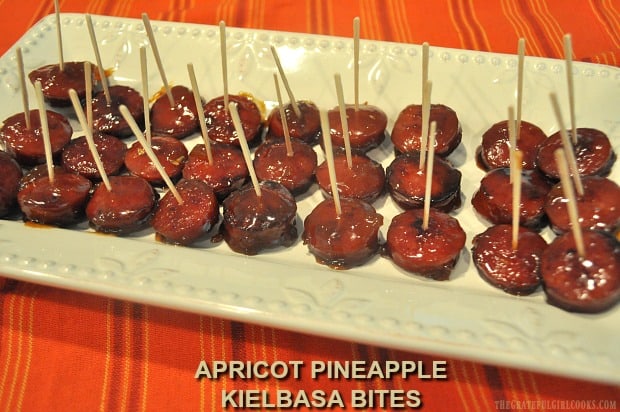 Apricot Pineapple Kielbasa Bites are delicious, easily made appetizers to serve family or friends. A sweet fruit glaze coats each bite to perfection.