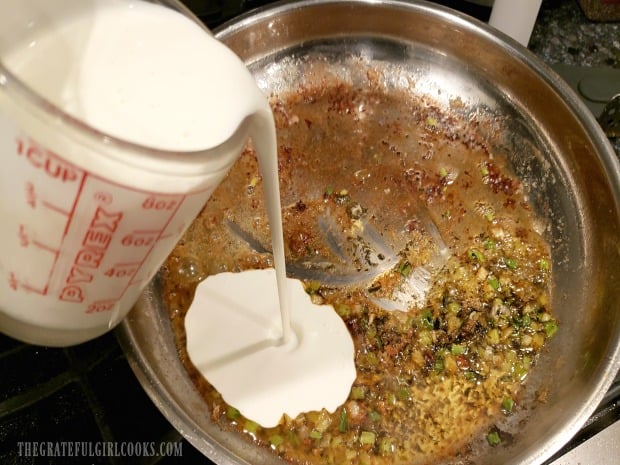 Heavy cream is added to the sauce for creamy lemon tarragon chicken.