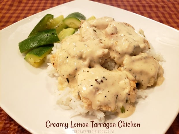 Creamy Lemon Tarragon Chicken features pan-seared chicken breasts, topped w/ a buttery lemon cream sauce with tarragon & green onions, served on rice.