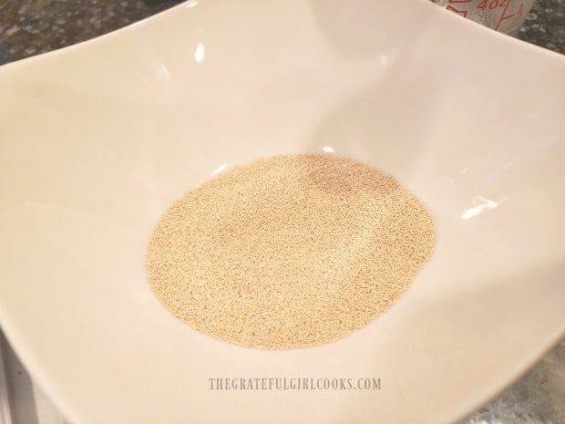 Dry yeast and sugar are mixed together in a small bowl.