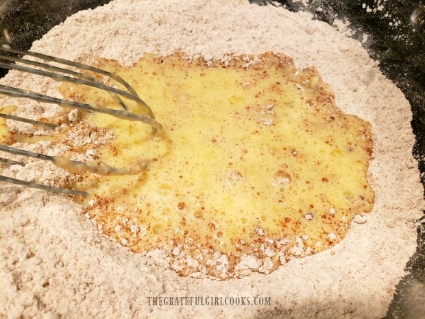 The wet ingredients are then whisked into the dry ingredients.