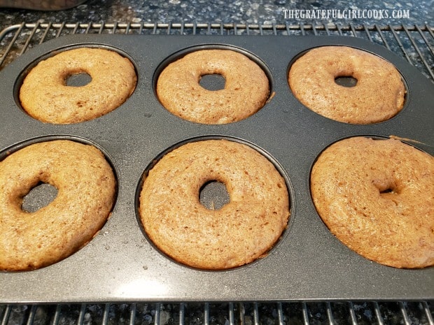 The baked doughnuts, cooling in pan on a wire rack.