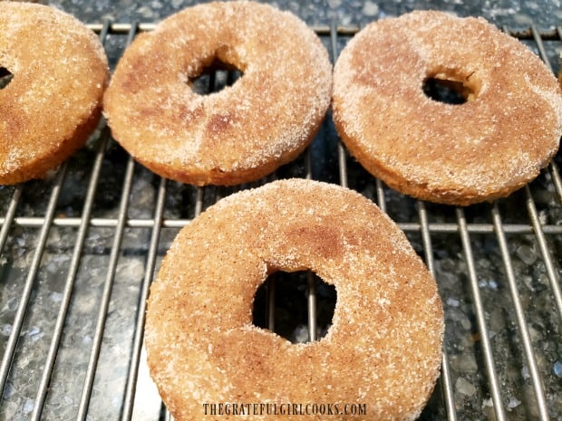 Apple cinnamon baked doughnuts resting on wire rack before eating.