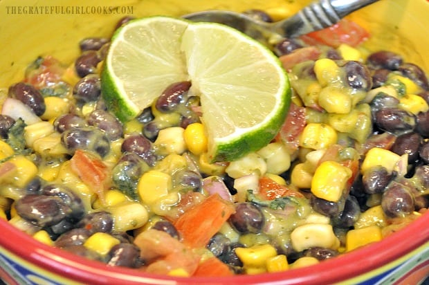 The avocado salad dressing is mixed into a Southwestern black bean and corn salad.