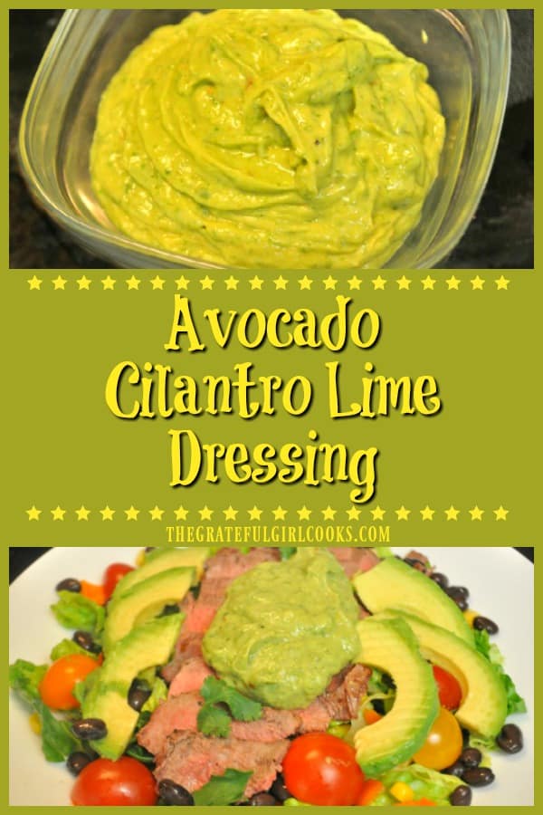 Delicious avocado cilantro lime dressing can be used as a topping on Southwest-inspired salads, baked potatoes, OR as a quick dip for tortilla chips!