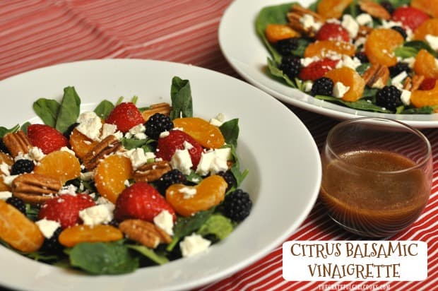 Make a delicious citrus balsamic vinaigrette to dress your favorite mixed green salad! Recipe only has 4 ingredients and is ready in under 5 minutes!