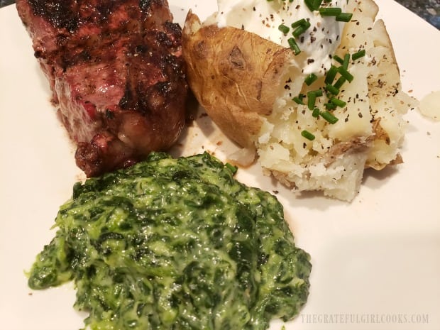 The easy creamed spinach served as a side dish for steak and baked potato.