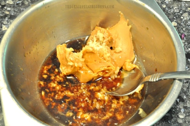 Measure the peanut sauce ingredients into a medium sized bowl.