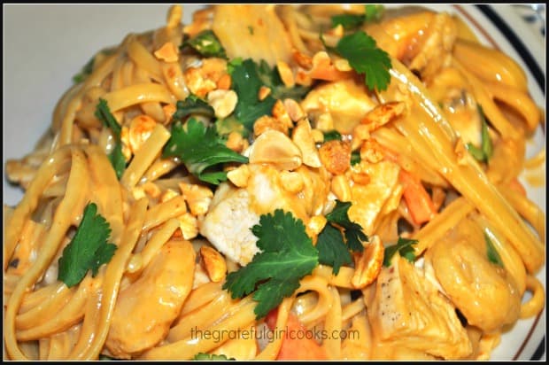 Thai chicken linguini is enhanced by a delicious peanut sauce.