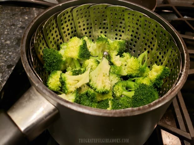 Broccoli florets are quickly steamed before adding to the pasta.