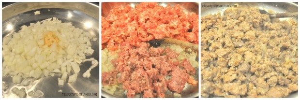 Onion, garlic powder, ground beef and Italian sausage are browned in large skillet.