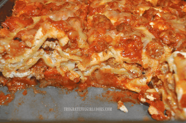 You can see layers of meat and cheese in JB's homemade lasagna after slicing.