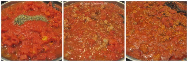 Tomatoes, sauce and spices are added to the meat in the skillet and cooked.