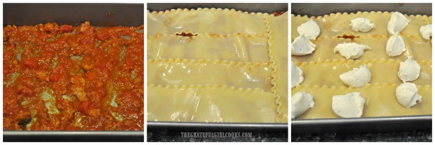 First layers of lasagna are sauce, then noodles, and then ricotta filling.