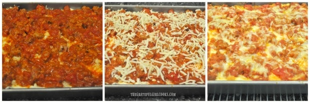 Final layer is sauce, then mozzarella cheese to top, and then lasagna is baked.