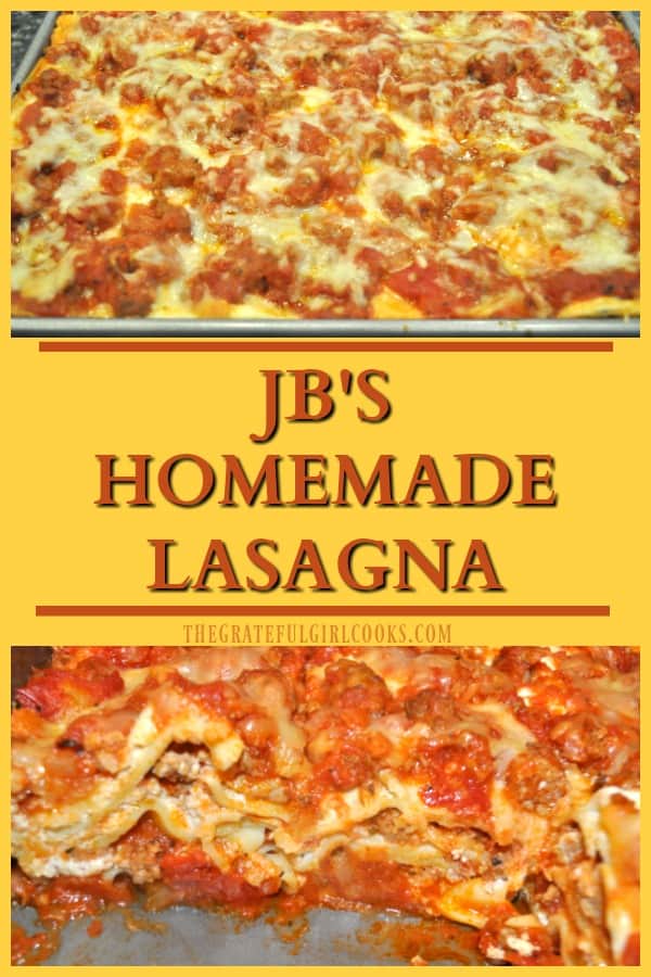 Enjoy delicious homemade lasagna (serves 12), with Italian sausage, ground beef, mozzarella, ricotta & Parmesan cheese, tomatoes & Italian spices.