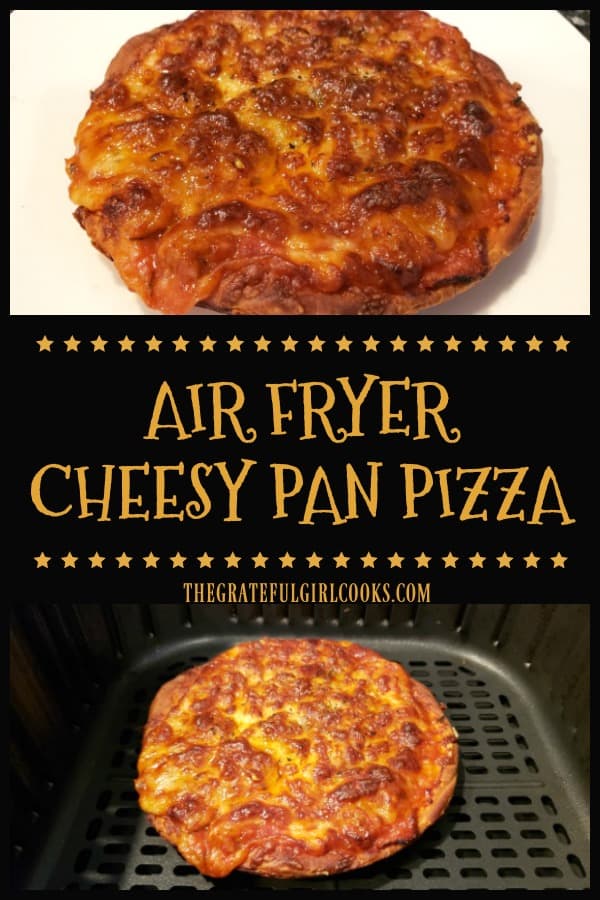 Make a delicious Air Fryer Cheesy Pan Pizza for lunch/dinner. Use canned biscuit dough for crust & Mozzarella/Parmesan cheeses, pizza sauce & spices!