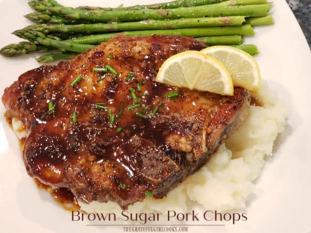 Brown Sugar Pork Chops are an easy and delicious dish, featuring seared pork chops baked in a simple garlic, butter, spices and brown sugar sauce!