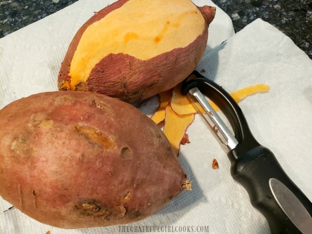 Peeling the sweet potatoes is the first step necessary for making this recipe.