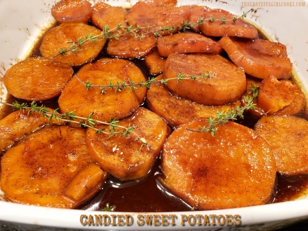 Candied Sweet Potatoes are delicious, and easy to make for dinner or a holiday feast! Soft, caramelized, & baked in an amazing sauce, you'll love 'em!