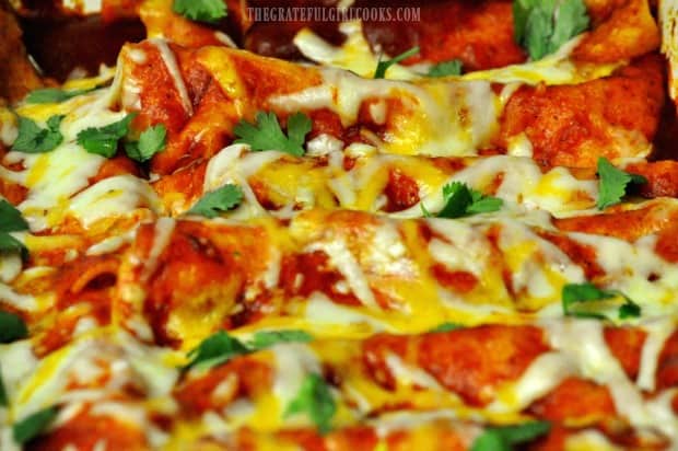 Easy cheesy enchiladas, garnished with chopped cilantro for serving.