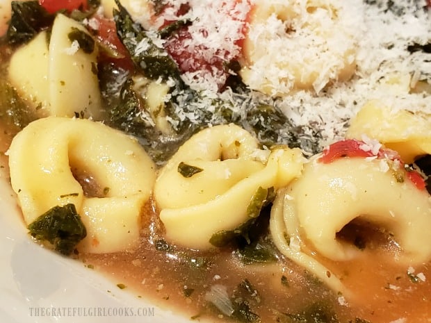 A close up photo of the easy tortellini soup.