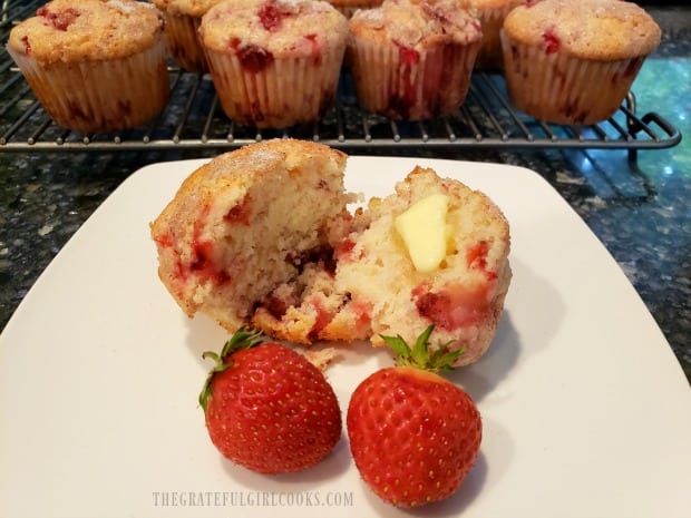 One of the fresh strawberry muffins, cut in half, buttered, and ready to eat!
