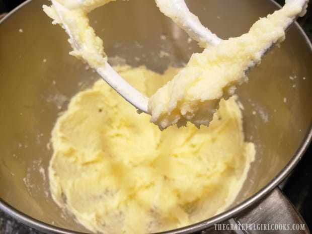The batter is fully mixed together before adding dry ingredients and milk.