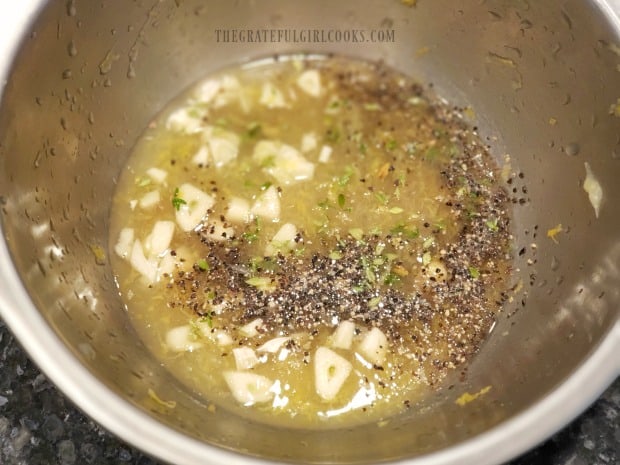 Honey, Lemon juice and zest, garlic, and spices are mixed for the marinade.