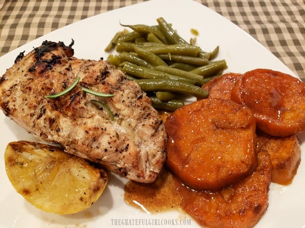 Sweet potatoes, & green beans served with grilled lemon chicken breasts.