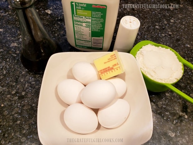 The batter is made using flour, eggs, vanilla, butter, salt and milk.