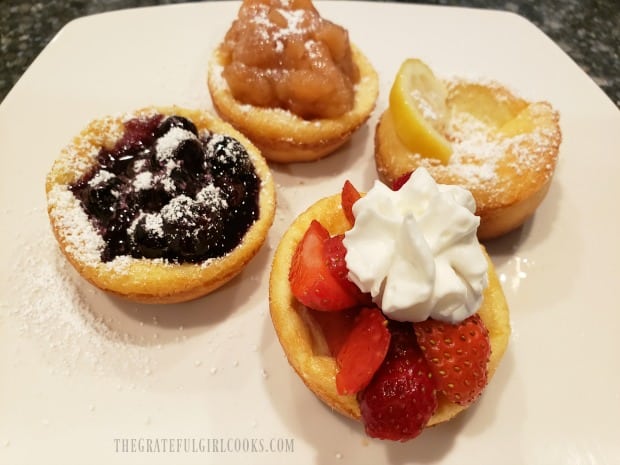 To serve, fill the mini Dutch babies with favorite fruit toppings.