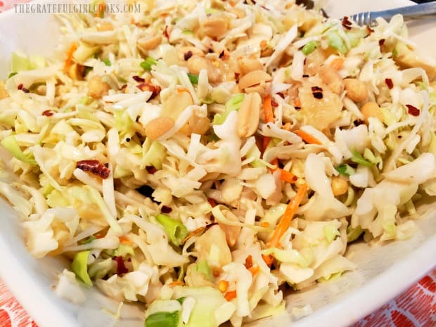 A closeup of the pineapple peanut coleslaw, after being tossed with the dressing.