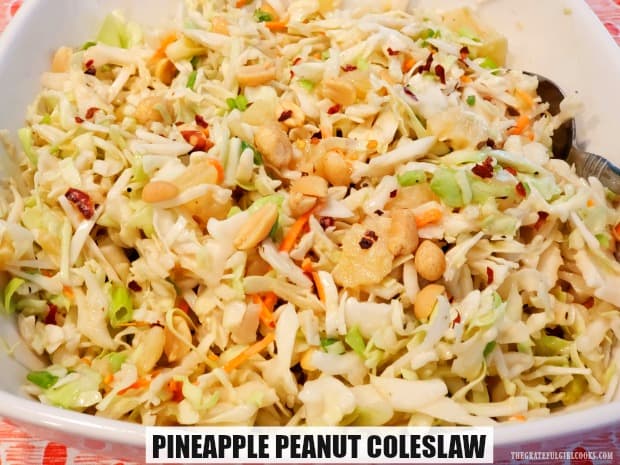 Pineapple Peanut Coleslaw is an easy and delicious salad/side dish for your next BBQ! This sweet, crunchy salad is ready in 10 minutes, and serves 8. 