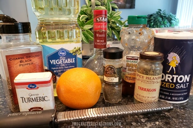 The ingredients needed to make the vinaigrette salad dressing.