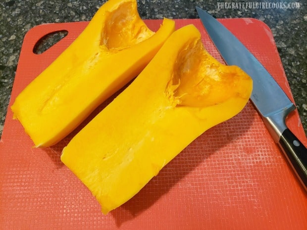 Cut butternut squash in half length-wise, and remove seeds.
