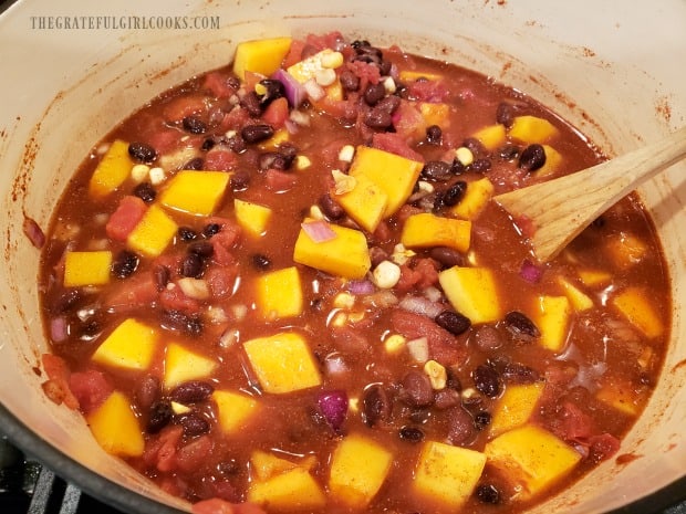 Water is added to the soup pot and then chili is cooked.