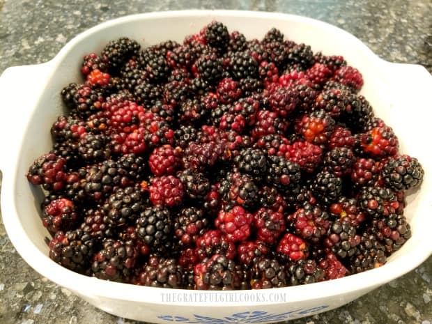 Fresh blackberries in baking dish waiting for streusel topping.