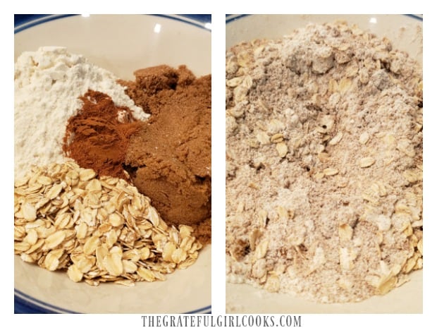 Oats, flour, cinnamon and brown sugar are combined in bowl. 