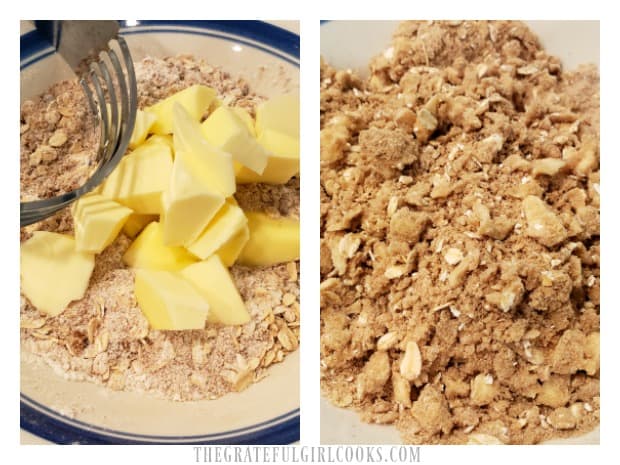 Cold butter is cut into the streusel ingredients until crumbly.