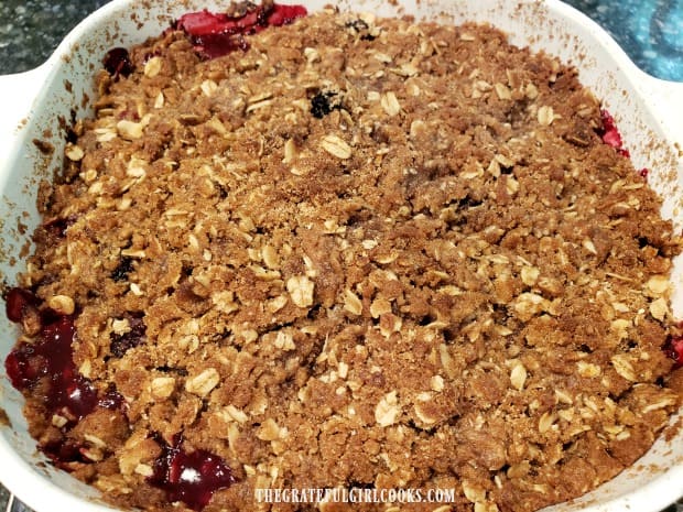 The blackberry crisp is bubbly and golden brown once fully baked.