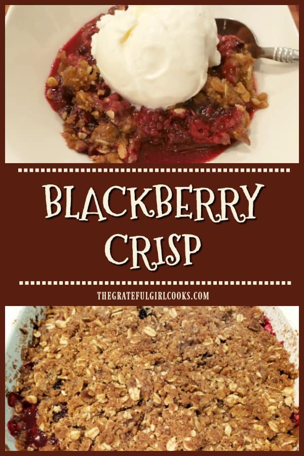 Blackberry Crisp is an easy, old-fashioned dessert you'll love! Fresh blackberries, topped with a crumb streusel, baked and served a la mode.