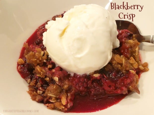 Blackberry Crisp is an easy, old-fashioned dessert you'll love! Fresh blackberries, topped with a crumb streusel, baked and served a la mode.