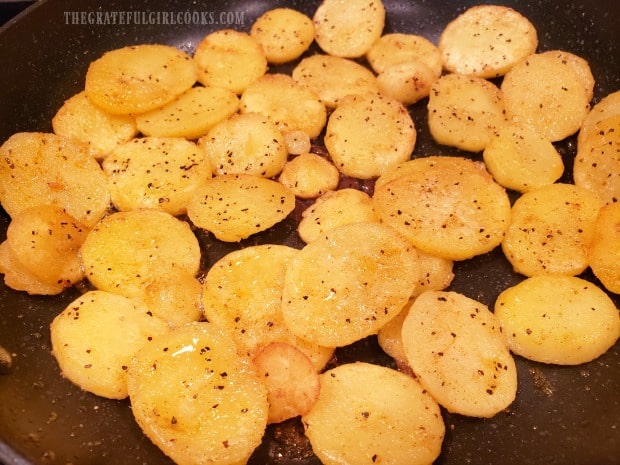 Skillet potatoes turn golden brown, and slightly crispy on the edges.