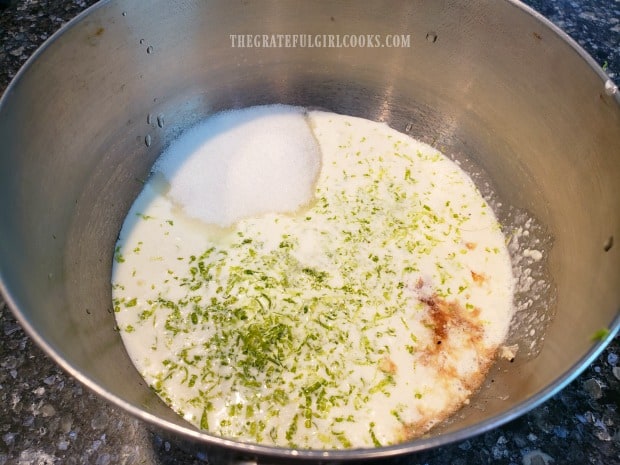 Whipping cream, sugar, vanilla, lime juice & zest in a mixing bowl.