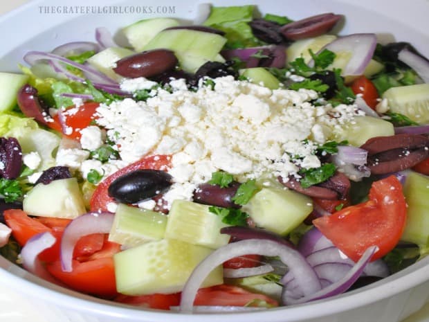 Drizzle the salad dressing over a favorite Greek salad.