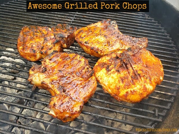 Awesome Grilled Pork Chops are easy, flavorful & juicy! They're brined in salt/water/sugar overnight, and coated with spices before grilling.