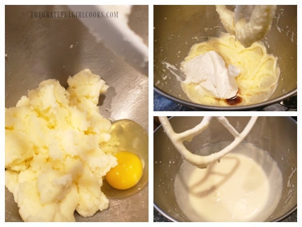 Butter, sugar, eggs, cream cheese and vanilla are mixed for the batter.