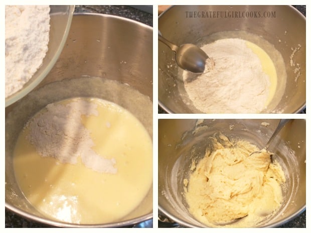 Dry ingredients are stirred into the batter for the banana bars.
