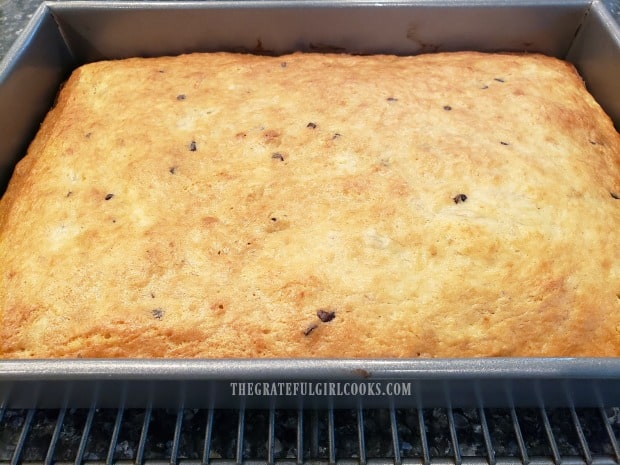 Banana chocolate chip bars cooling in pan on wire rack, after baking.